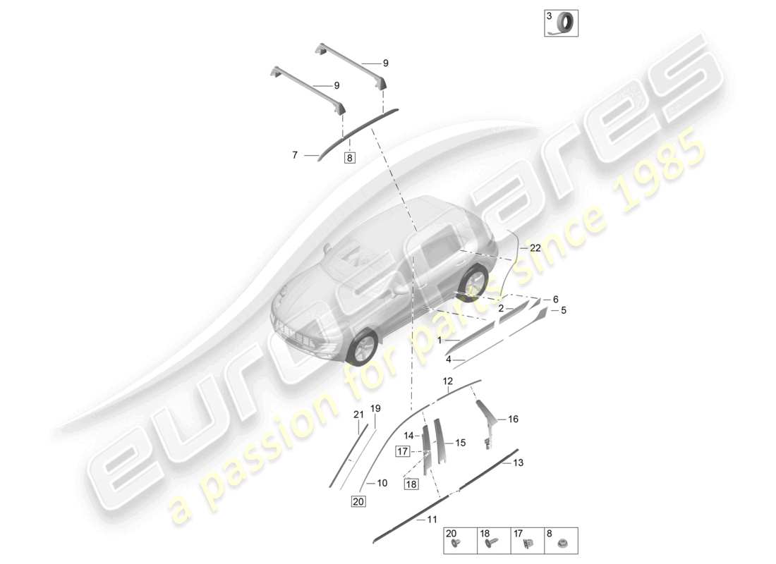 porsche 2021 (macan) diagrama de piezas de molduras exteriores