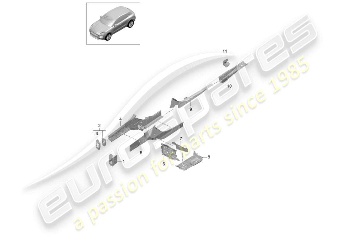 porsche 2021 (macan) diagrama de piezas del miembro lateral delantero del extremo delantero