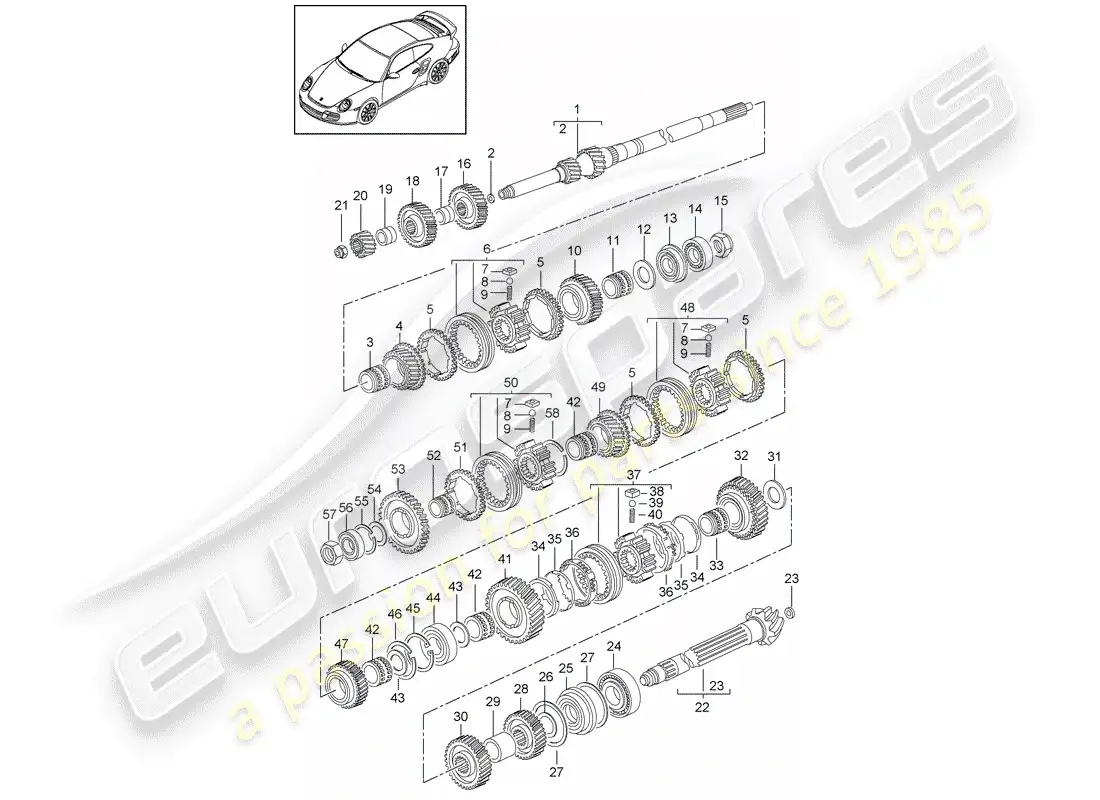 porsche 2013 (997-2 turbo / gt2 rs) engranajes y ejes diagrama de piezas