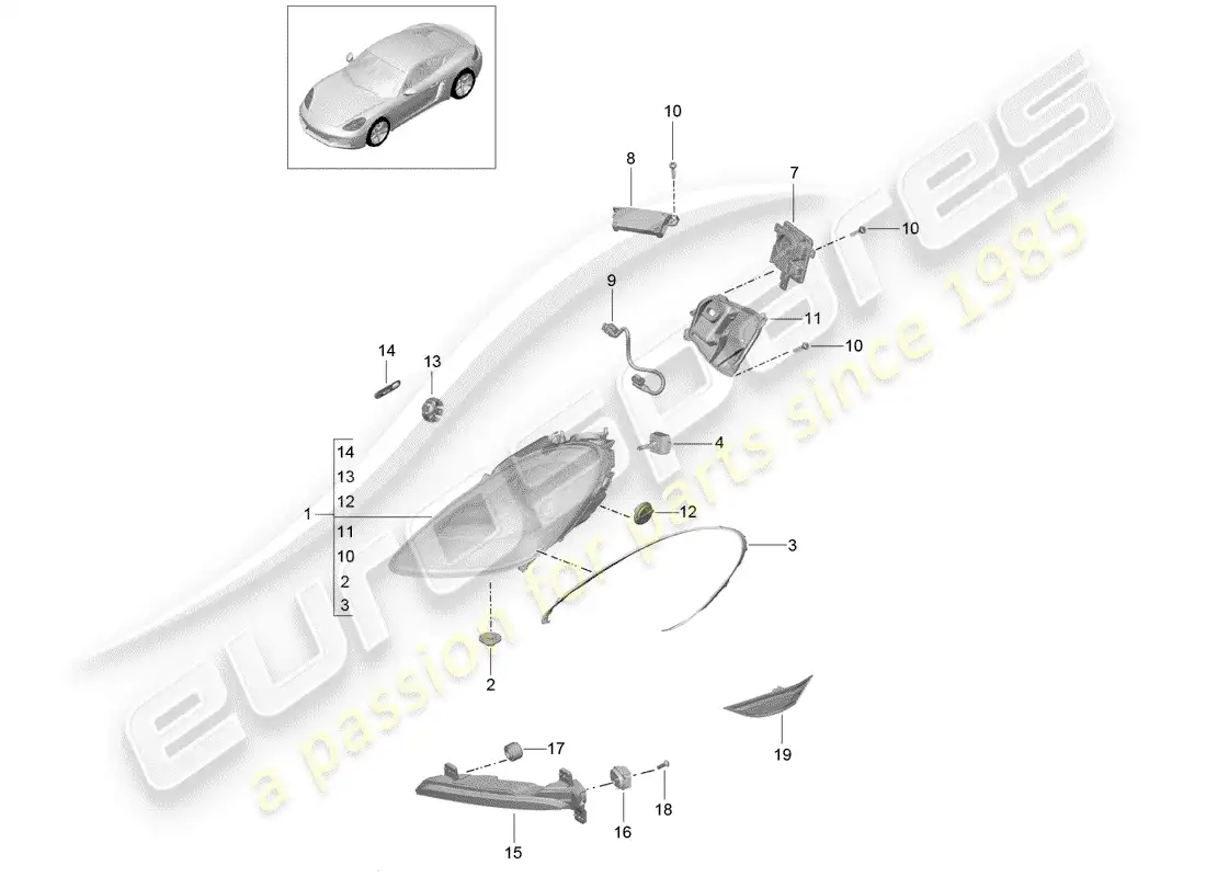 porsche 2017 (718 cayman) lámpara de cabeza diagrama de piezas