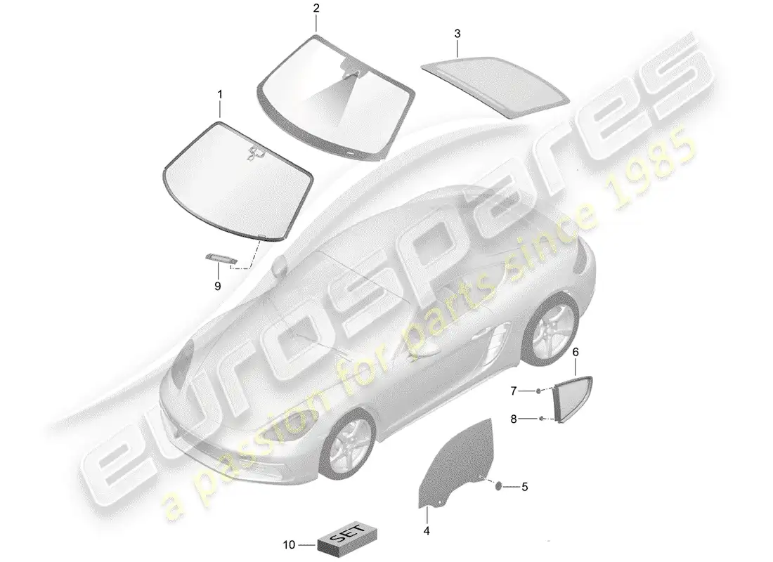porsche 2020 (718 cayman) vidrio del parabrisas diagrama de piezas