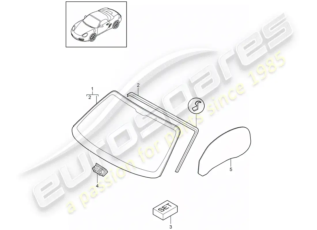 porsche 2012 (987 boxster) acristalamiento de ventanas diagrama de piezas