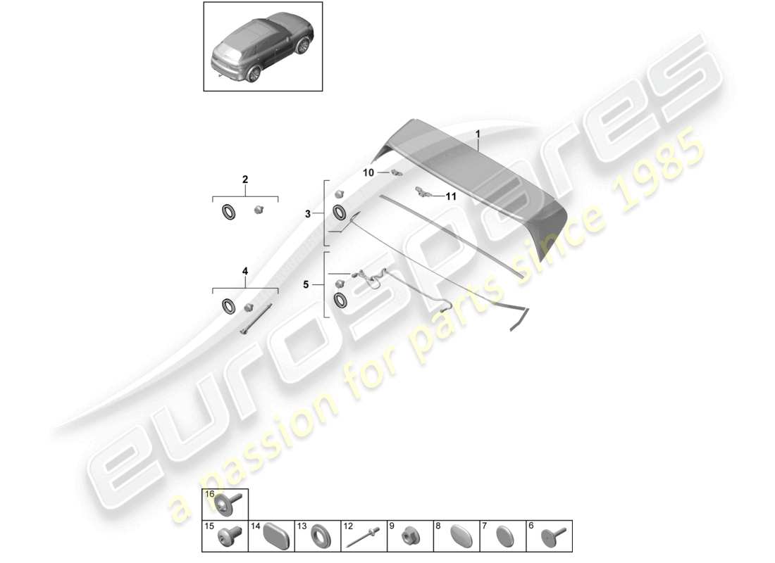 porsche 2023 (cayenne e3 9ya/9yb) diagrama de piezas del spoiler trasero