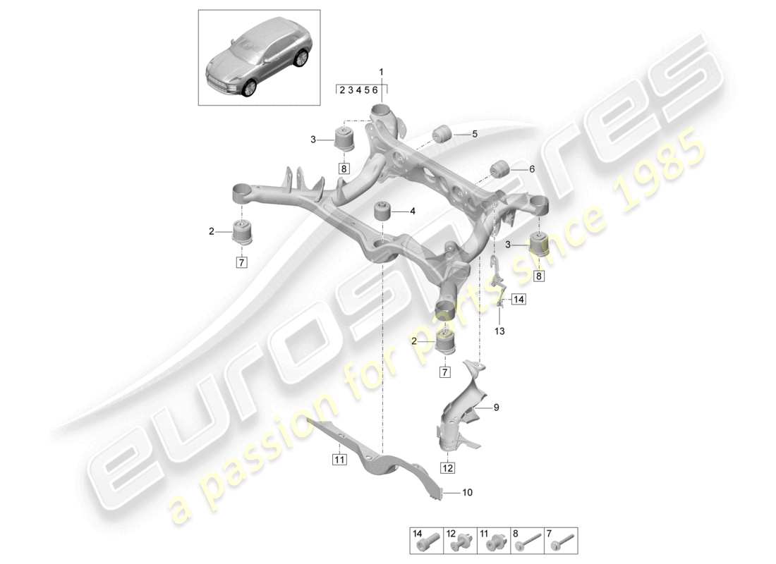 porsche 2021 (macan) submarco de suspensión diagrama de piezas