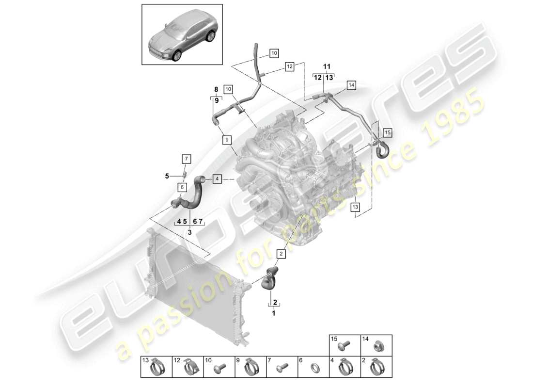 porsche 2021 (macan) diagrama de piezas del extremo delantero del sistema de enfriamiento del refrigerante