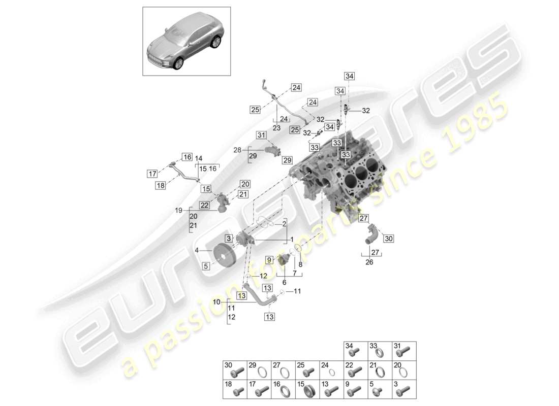 porsche 2021 (macan) carcasa del termostato de la bomba de refrigerante tubería de refrigerante línea de ventilación diagrama de piezas
