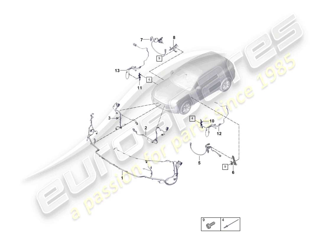 porsche 2023 (cayenne e3 pa) diagrama de piezas del arnés de cableado del parachoques delantero del abs para suspensión autonivelante