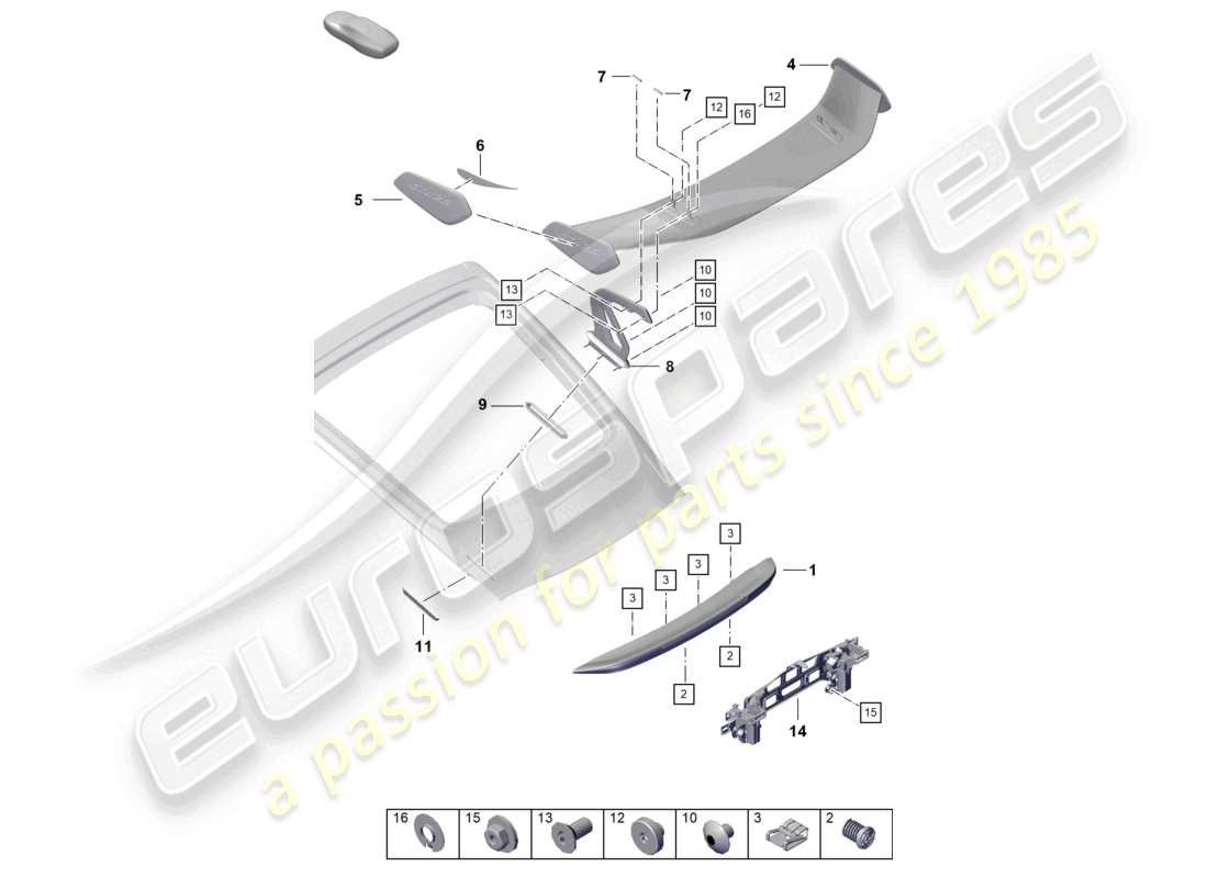 porsche 2021 (718 cayman gt4) alerón trasero diagrama de piezas