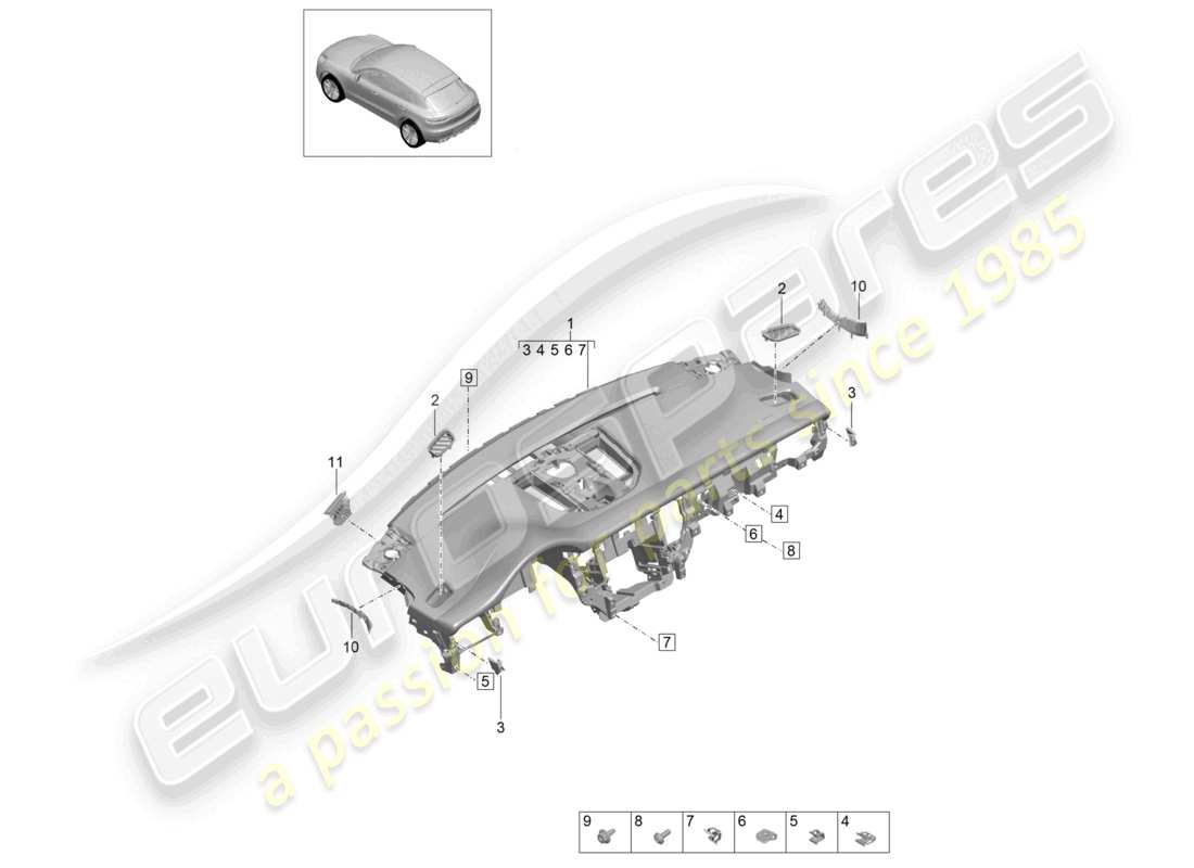 porsche 2021 (macan) moldura del panel de instrumentos parte superior diagrama de piezas