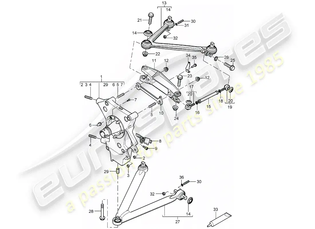 porsche 2005 (carrera gt) eje trasero - porta ruedas - brazo estabilizador - cubo de rueda diagrama de piezas