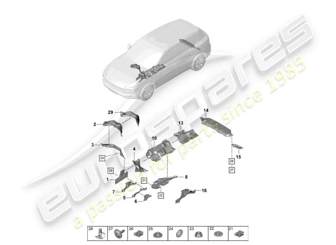 porsche 2024 (cayenne e3 9ya/9yb) diagrama de piezas de la parte inferior de la carrocería con aislamiento térmico