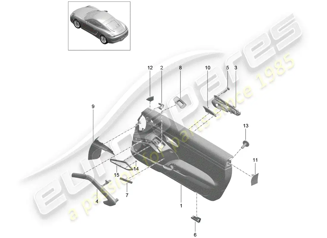 porsche 2015 (981 cayman) panel de la puerta diagrama de piezas
