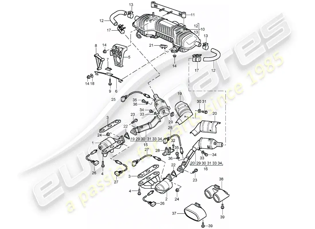 porsche 2001 (986 boxster) sistema de escape - m 96.21/22 - m 96.23/24 diagrama de piezas