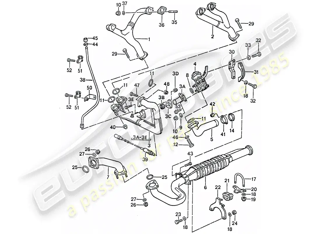 porsche 1990 (944) sistema de escape - catalizador diagrama de piezas