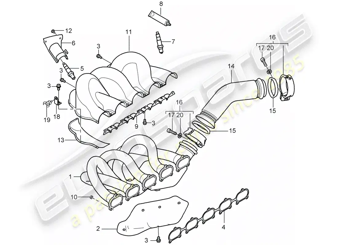 porsche 2006 (carrera gt) sistema de escape - colector de escape - catalizador - cil. 1 - 5 diagrama de piezas