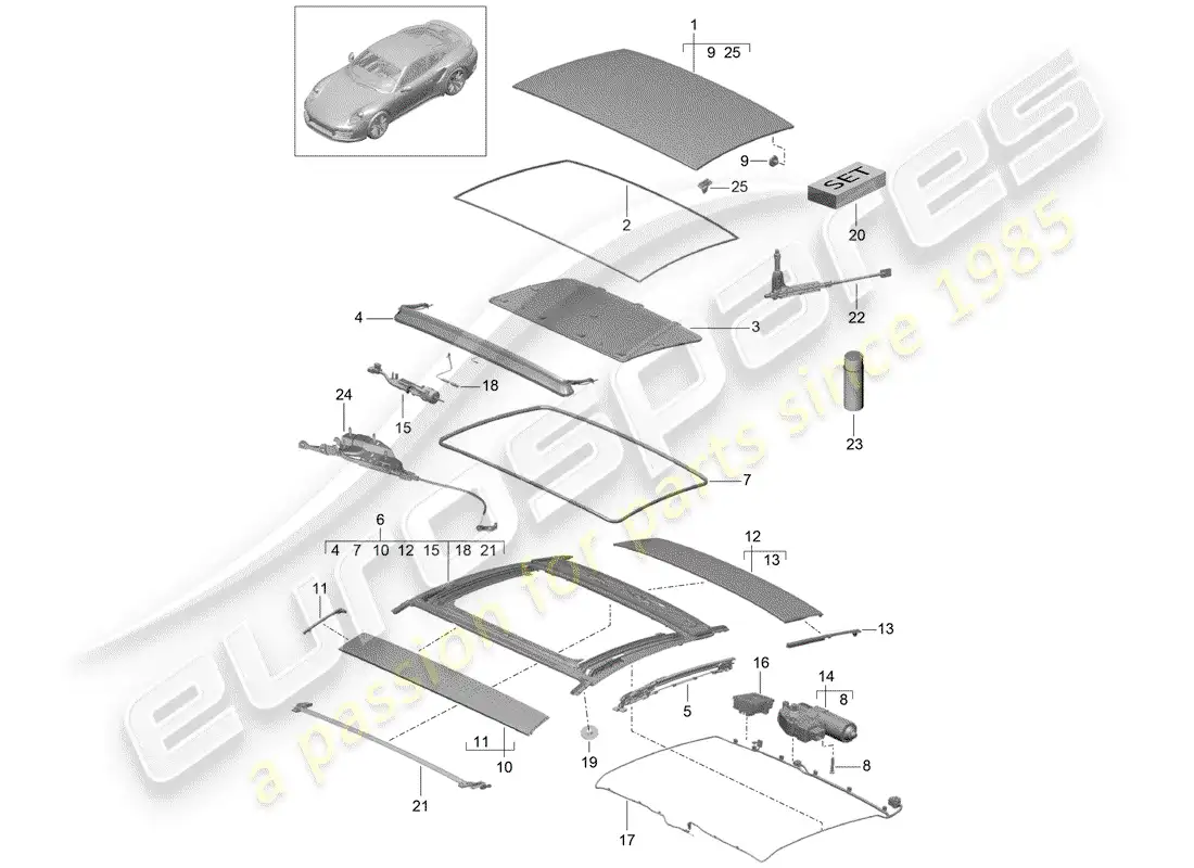 porsche 2016 (991-1 turbo) techo corredizo de cristal diagrama de piezas