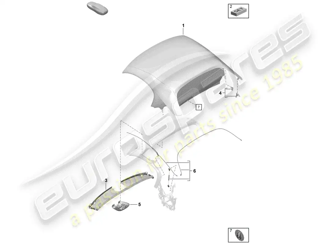 porsche 2019 (718 boxster spyder) cubierta de capota convertible diagrama de piezas