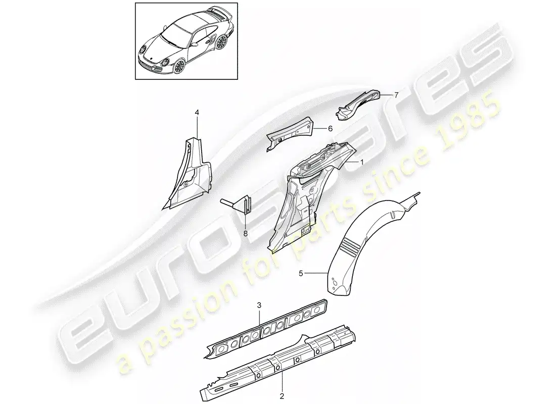 porsche 2011 (997-2 turbo / gt2 rs) diagrama de piezas del panel lateral