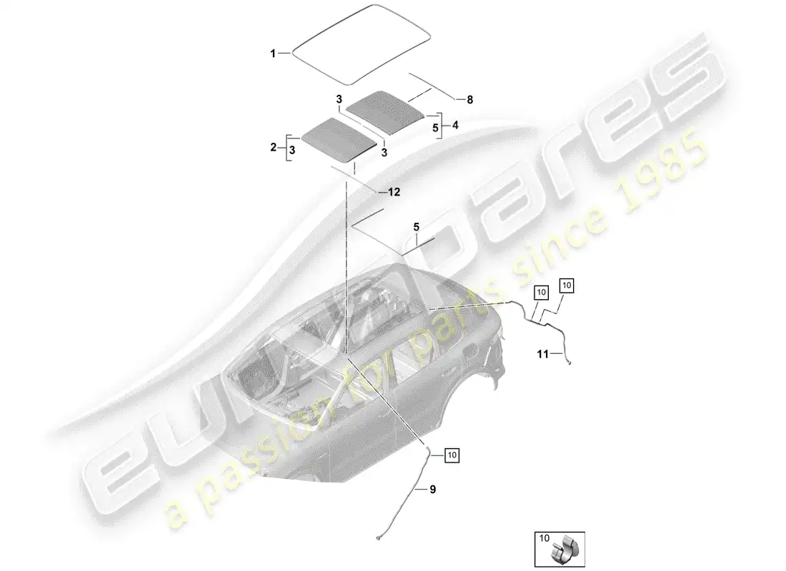 porsche 2020 (cayenne e3 9ya/9yb) techo de cristal diagrama de piezas