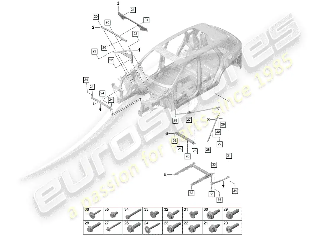 porsche 2020 (cayenne e3 9ya/9yb) puntal de domo diagrama de piezas
