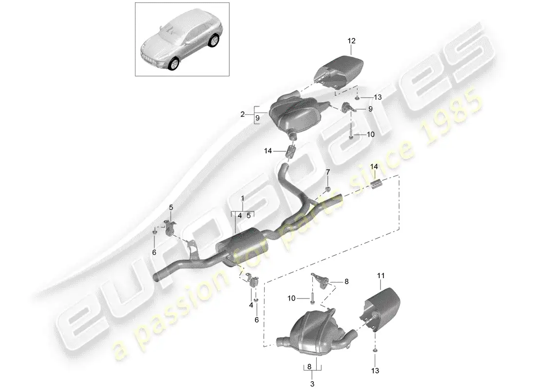 porsche 2014 (macan) sistema de escape diagrama de piezas