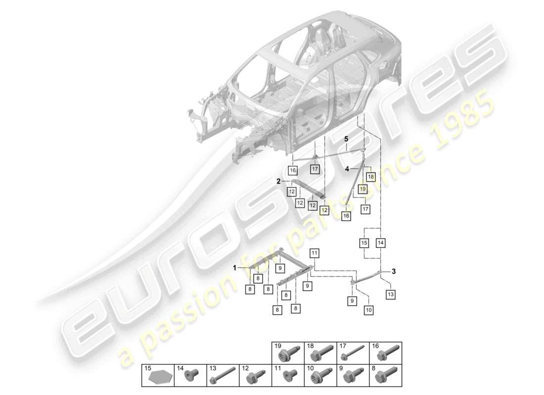 porsche 2024 (cayenne e3 9ya/9yb) diagrama de piezas del puntal de domo trasero