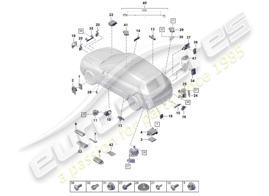 porsche 2021 (cayenne e3 9ya/9yb) unidades de control parte delantera parte trasera interruptor de encendido/arranque transmisor portátil controles para el funcionamiento de la puerta del garaje unidad receptora calefacción auxiliar antena unidad de control para regulación de distancia unidad de control para asistencia de cambio de carril diagrama de piezas del alerón