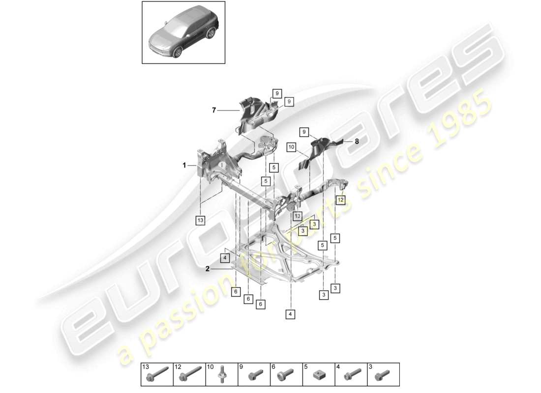 porsche 2021 (cayenne e3 9ya/9yb) bastidor de soporte bastidor auxiliar de suspensión placa de protección diagrama de piezas