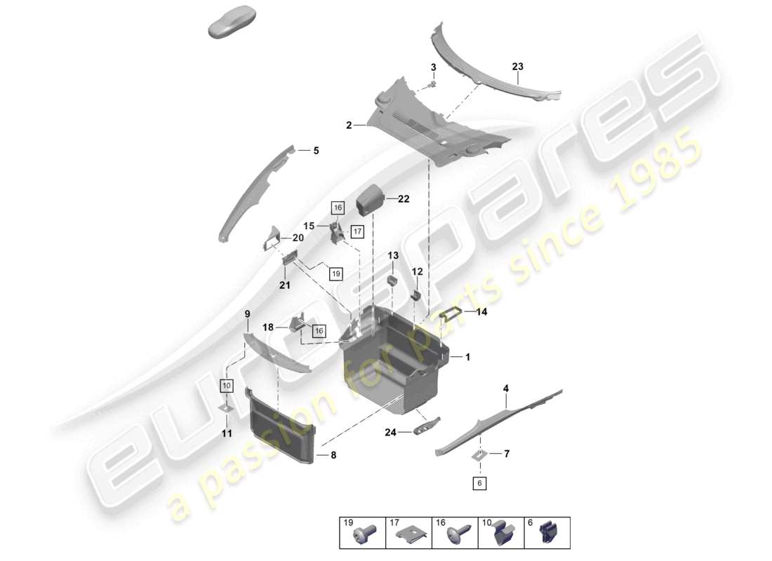 porsche 2021 (718 cayman gt4) diagrama de piezas del revestimiento frontal del maletero