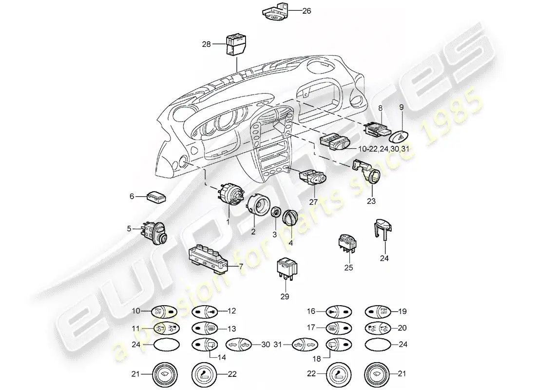 porsche 2004 (996 turbo / gt2) diagrama de piezas del interruptor