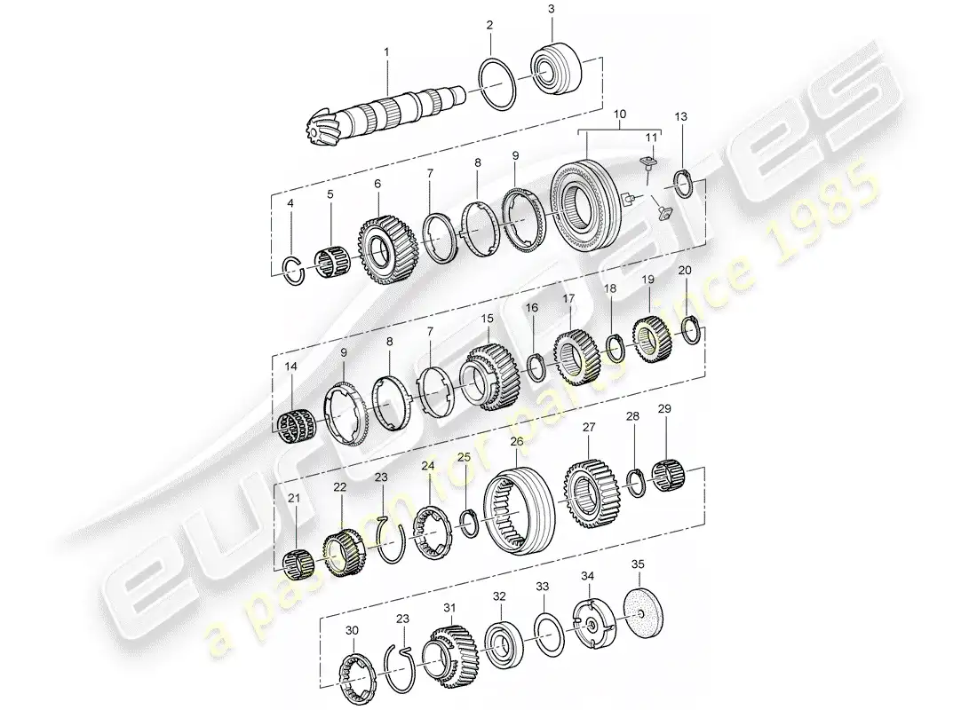 porsche 2007 (987 boxster) engranajes y ejes diagrama de piezas