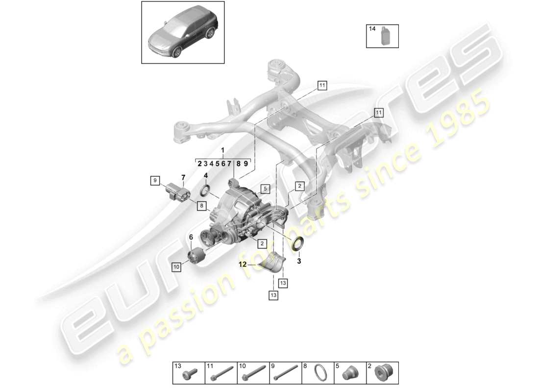 porsche 2021 (cayenne e3 9ya/9yb) diagrama de piezas del diferencial del eje trasero para modelos con bloqueo del diferencial