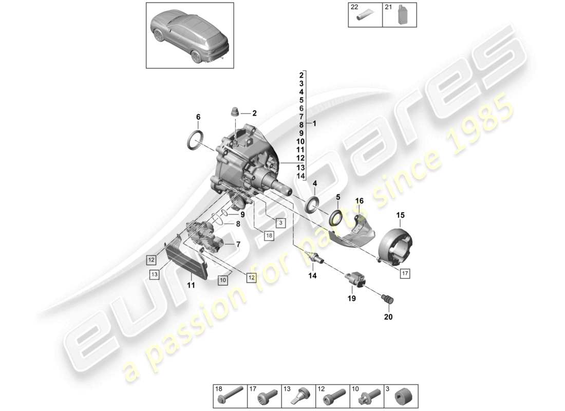 porsche 2021 (cayenne e3 9ya/9yb) diagrama de piezas de la caja de transferencia lista para su instalación