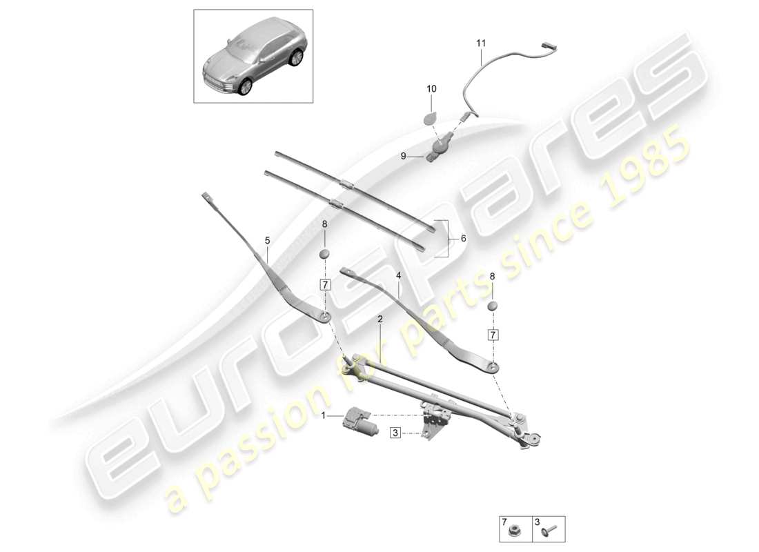 porsche 2021 (macan) sistema limpiaparabrisas completo sensor de humedad del aire, detección de lluvia y luz diagrama de piezas