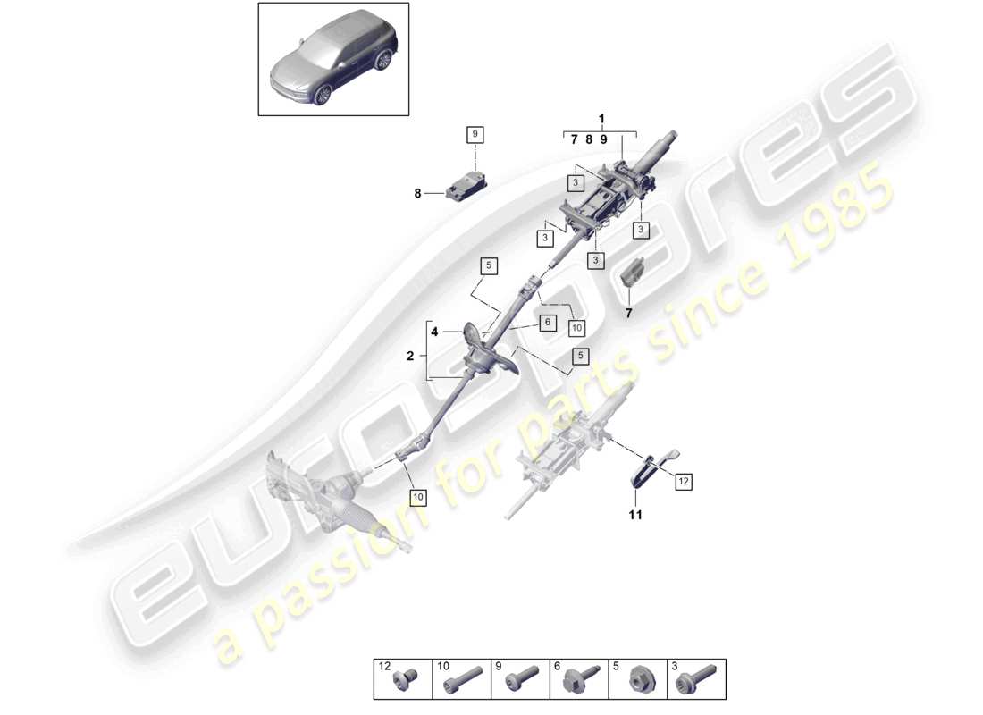 porsche 2021 (cayenne e3 9ya/9yb) diagrama de piezas del eje de dirección intermedio de la columna de dirección