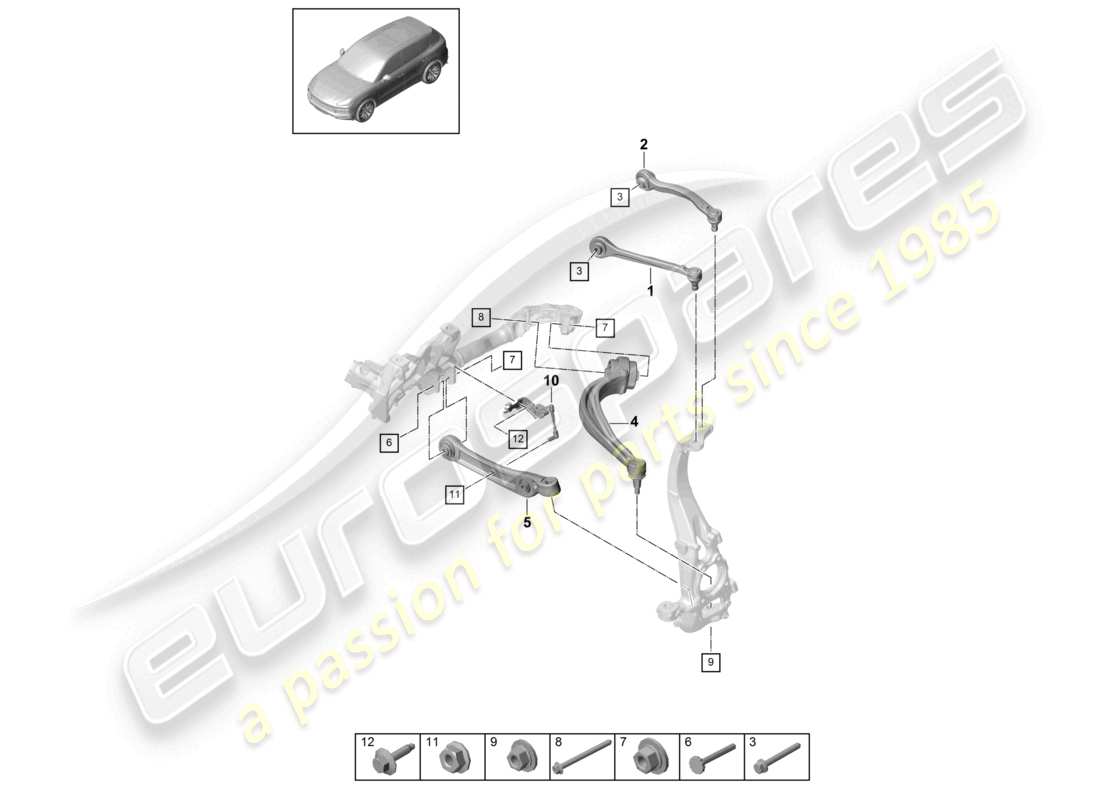 porsche 2023 (cayenne e3 9ya/9yb) diagrama de piezas del eje delantero de horquilla