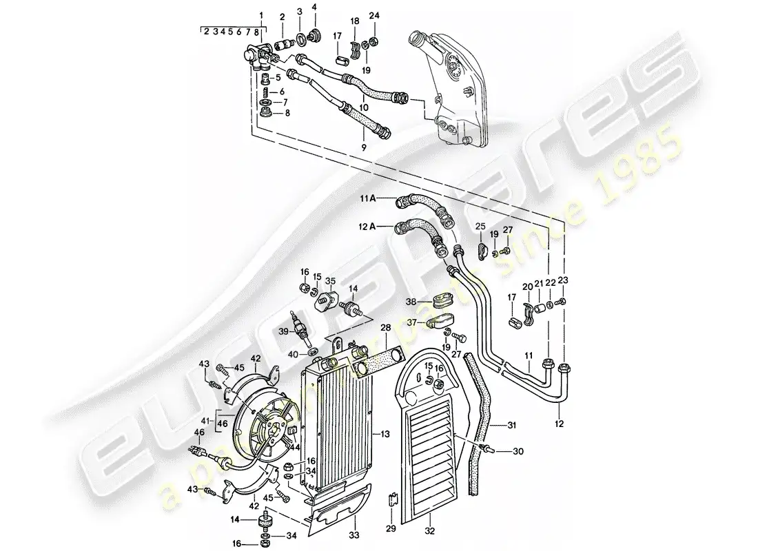 porsche 1989 (911) lubricación del motor - enfriador de aceite diagrama de piezas