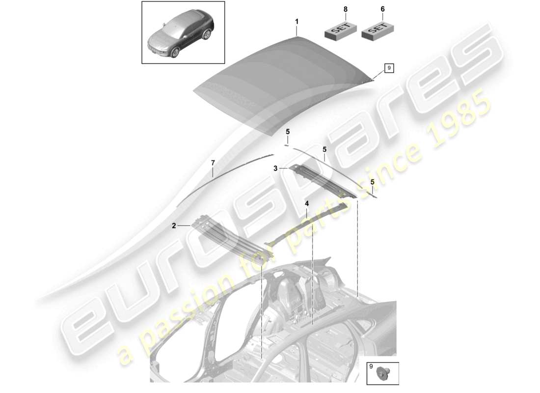 porsche 2023 (cayenne e3 9ya/9yb) diagrama de piezas del panel exterior del techo, travesaño de carbono, coupé