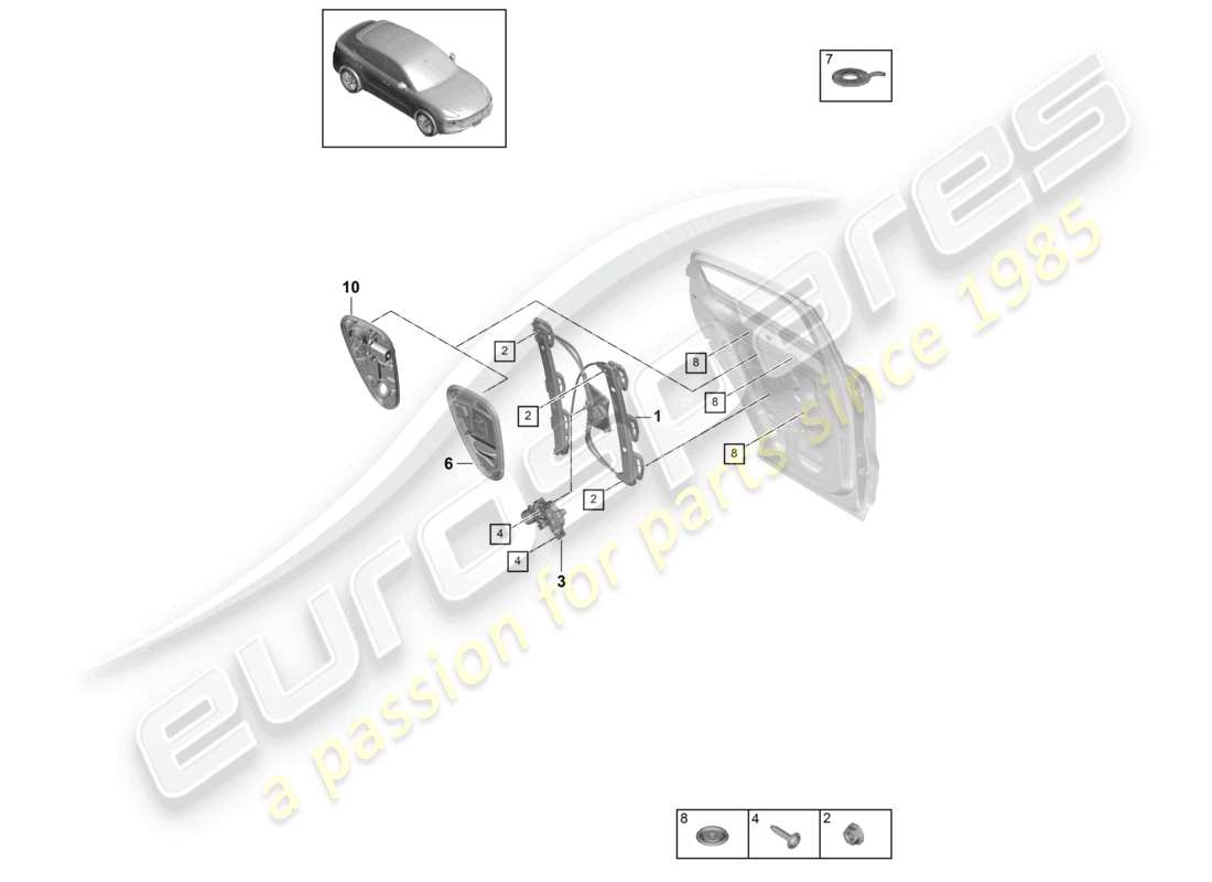porsche 2023 (cayenne e3 9ya/9yb) diagrama de piezas del soporte del conjunto del regulador de ventana trasero