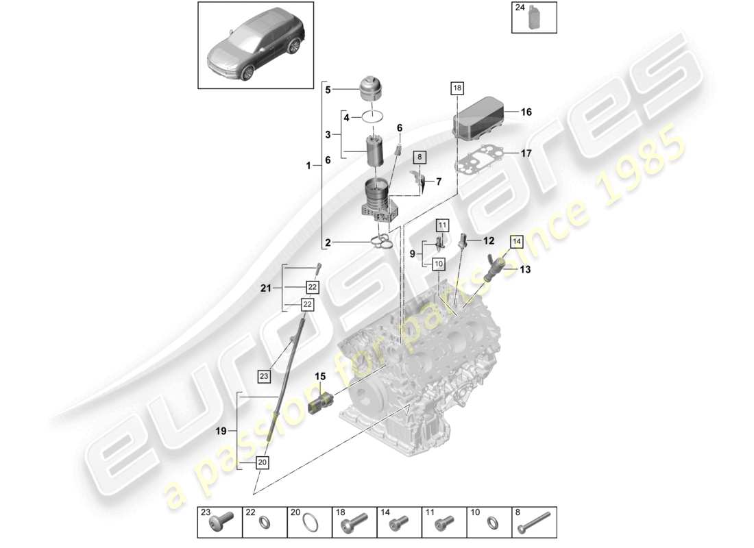 porsche 2022 (cayenne e3 9ya/9yb) diagrama de piezas del enfriador de aceite de la consola del filtro de aceite