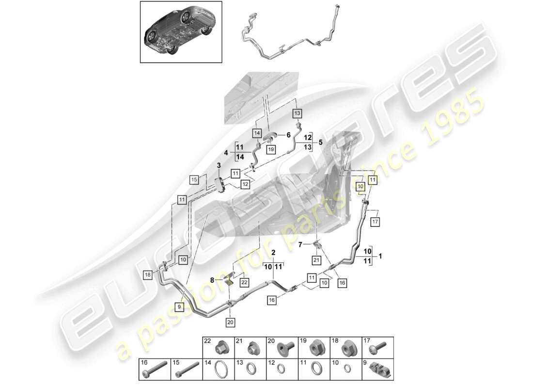 porsche 2023 (cayenne e3 9ya/9yb) diagrama de piezas de la parte inferior de la carrocería de la línea de refrigerante del aire acondicionado