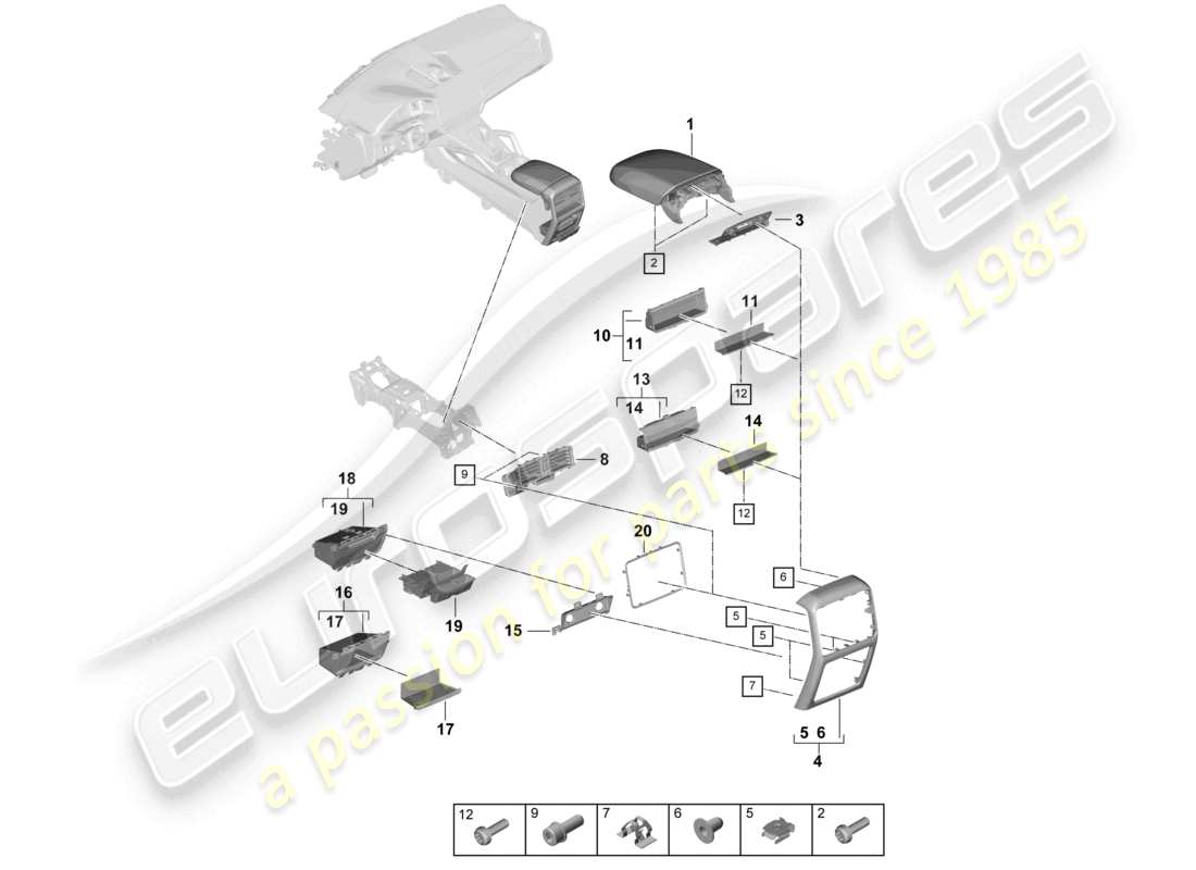 porsche 2023 (cayenne e3 9ya/9yb) diagrama de piezas de la consola central trasera