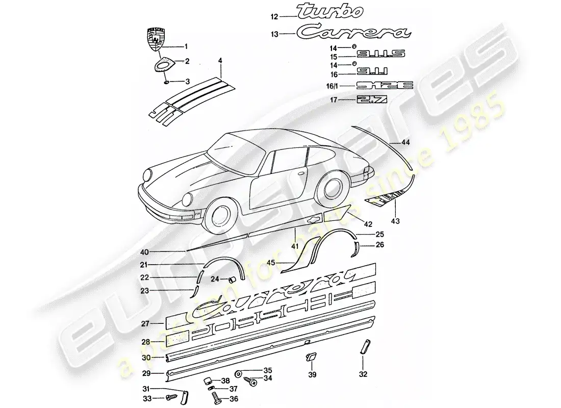 porsche 1977 (911 turbo) accesorios decorativos diagrama de piezas