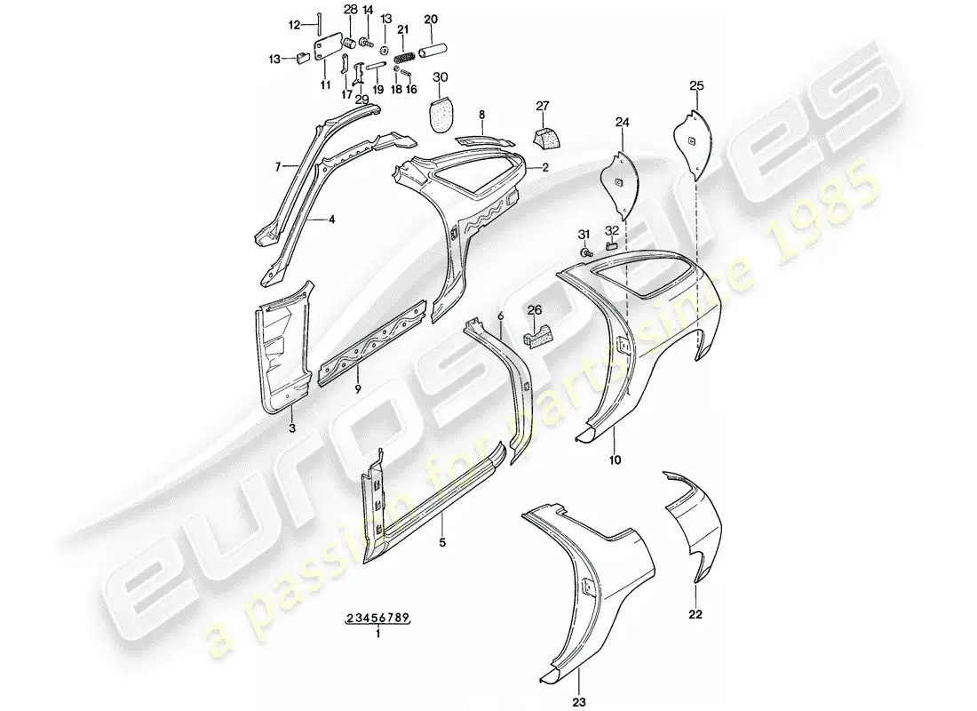 porsche 1982 (928) marco - panel lateral diagrama de piezas