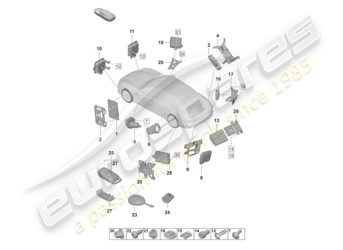 porsche 2022 (panamera 971-2) unidades de control parte delantera parte trasera interruptor de encendido/arranque calefacción auxiliar unidad de control para regulación de distancia para vehículos con asistencia de cambio de carril diagrama de piezas del alerón