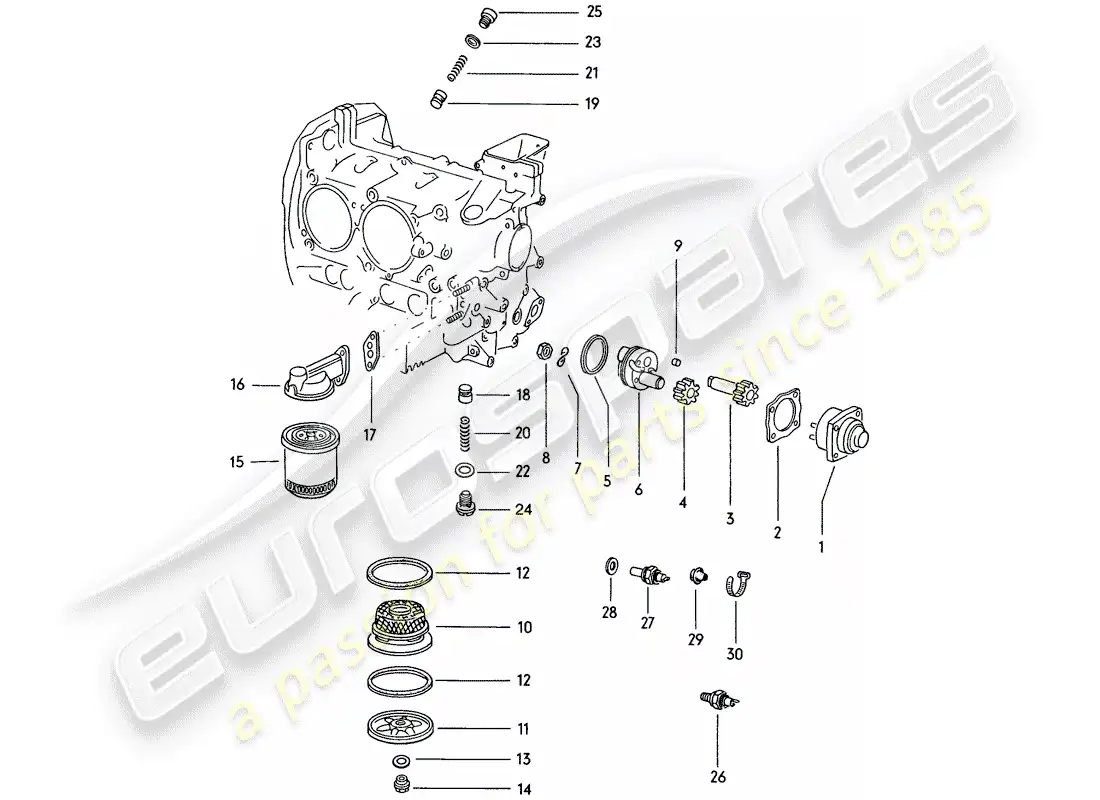 porsche 1971 (914) lubricación del motor - bomba de aceite - filtro de aceite - colador de aceite diagrama de piezas