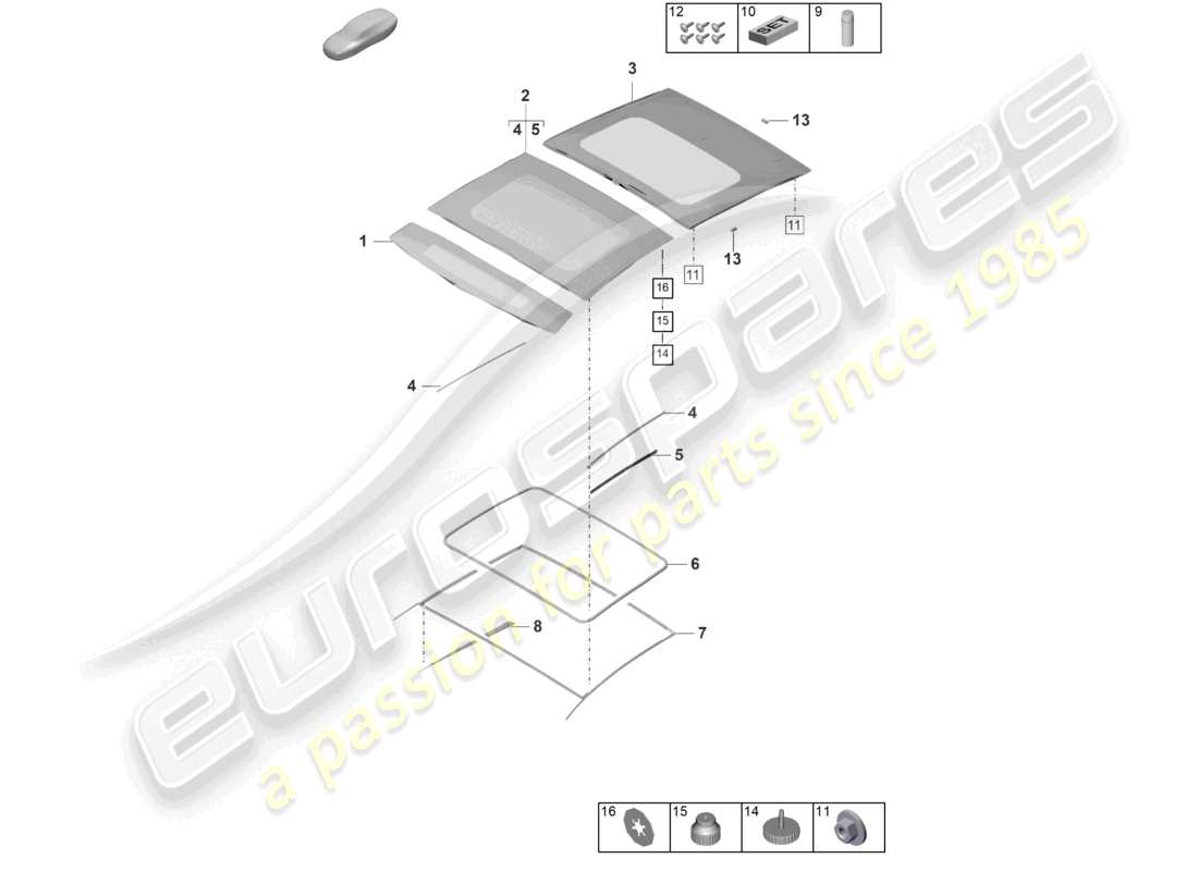 porsche 2024 (panamera 976) diagrama de piezas de accesorios para techo corredizo de vidrio