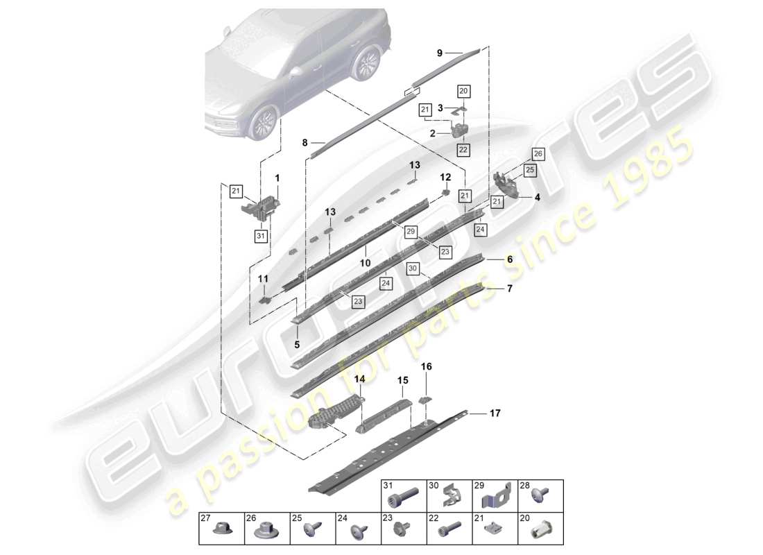 porsche 2024 (cayenne e3 9ya/9yb) diagrama de piezas de accesorios de moldura de larguero lateral