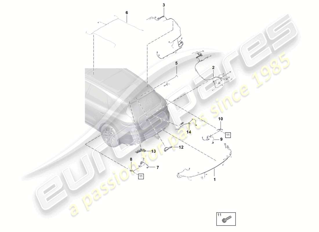porsche 2023 (cayenne e3 9ya/9yb) mazos de cables parachoques diagrama de piezas