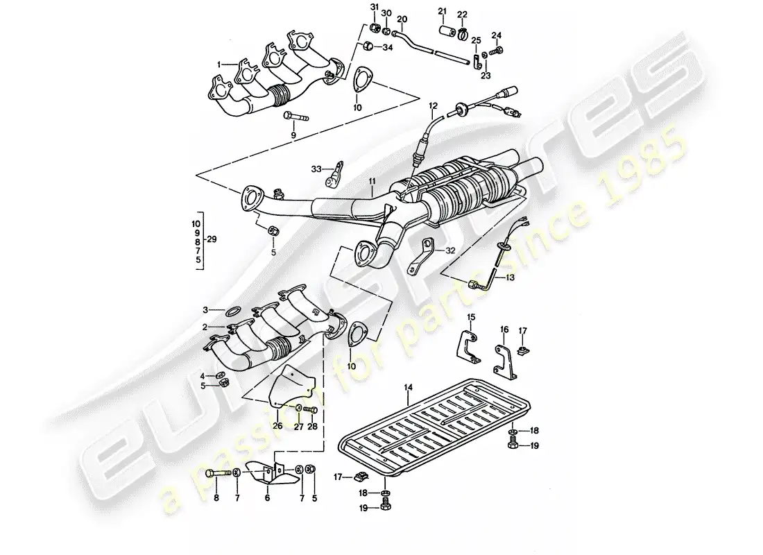 porsche 1992 (928) sistema de escape - catalizador diagrama de piezas